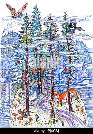 Forêt d'hiver magique. Epicéa, sapin, neige, les animaux : owl, Magpie, colvert, l'écureuil, le chevreuil, le renard, le lièvre. Le nord de conte de fées. Illustration à la main. Pour les enfants, Noël, Nouvel An carte de vœux. Banque D'Images