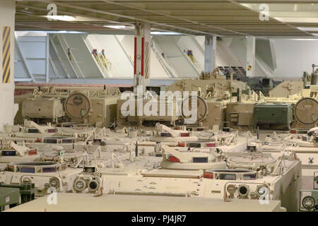 Véhicules à chenilles pour le 2/278ème Armored Calvaire Regiment, une unité de la Garde nationale basée à Knoxville, Tennessee, mis en scène dans la coque d'un navire porte-conteneurs pour y être chargé sur le port de Gdansk, Pologne, le 28 août. La Pologne est l'un des quatre nations-cadre de l'OTAN pour l'amélioration de l'avant, la présence de l'Atlantique, une opération de résoudre la mission de formation de neuf mois pour réserver, Garde nationale et les unités de service actif avec les partenaires de l'OTAN dans l'engagement pour la paix, la sécurité et la stabilité en Europe. Banque D'Images