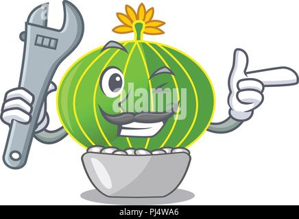 Plantes notocactus cartoon mécanicien dans le jardin désert Illustration de Vecteur