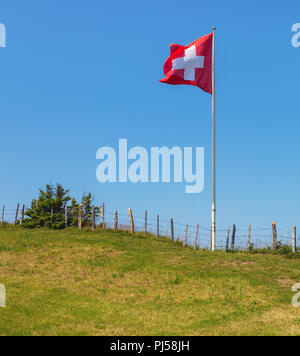 Drapeau de la Suisse sur Mt. Rigi en Suisse. Le Rigi est une destination touristique populaire, accessible par un chemin de fer à crémaillère de montagne. Banque D'Images