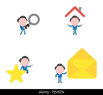 Illustration vecteur ensemble de caractère mascot businessman walking and holding magnifying glass, sous toit de maison, assis sur Star et maintenant ouvrez Mail Illustration de Vecteur