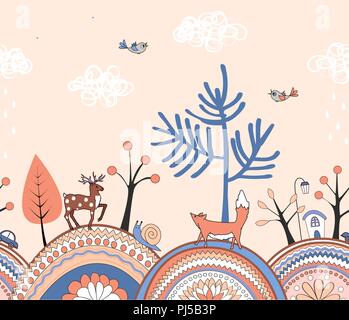 Doodle mignon avec motif transparent orné de dessins animés, collines, arbres et animaux de la forêt. Frontière avec l'automne paysage météo. Vector illustration Illustration de Vecteur