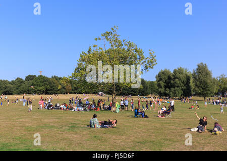 Les gens pique-nique, s'asseoir dans l'herbe et voler des cerfs-volants dans Streatham Common park sur un après-midi ensoleillé, Streatham, le sud de Londres, UK Banque D'Images