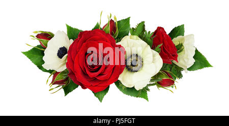 Rose rouge et de fleurs et feuilles de l'anémone dans un agencement linéaire isolé sur fond blanc. Mise à plat. Vue d'en haut. Banque D'Images