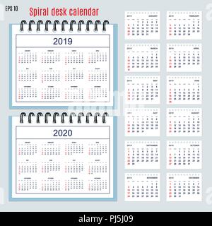 Ensemble de bureau d'affaires pour l'année calendrier 2019 avec 12 mois pages isolées et toute l'année civile 2019, 2020. Langue anglaise. Semaine commence le dimanche. Illustration de Vecteur