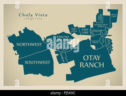 Plan de la ville moderne - ville de Chula Vista en Californie aux Etats-Unis par les quartiers et les titres Illustration de Vecteur