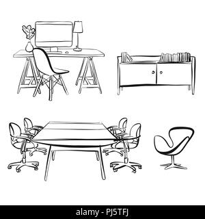Les objets de l'intérieur bureau. dessin croquis vecteur dessiné à la main. business concept design. Banque D'Images