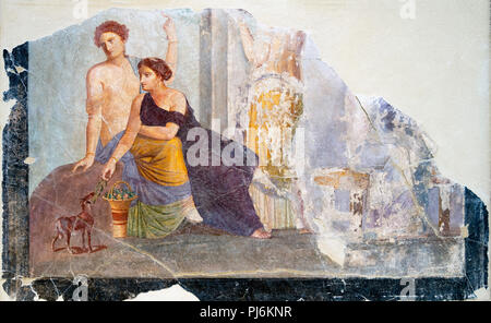 Fresque de Pompéi. Fragment d'une fresque dans les ruines de l'antique Pompéi, Italie, probablement représentant une scène culte bachiques d'une femme avec un faon. Datant d'environ 30 à 50 BC. Banque D'Images