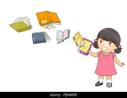 Illustration d'un enfant fille avec Books Sortir ou dans un ordinateur Tablet Banque D'Images