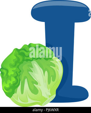 Illustration de légumes, un alphabet lettre bleue je et une laitue Iceberg Banque D'Images