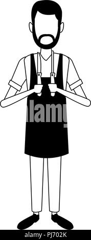 L'homme avec des ustensiles de cuisine en noir et blanc Illustration de Vecteur