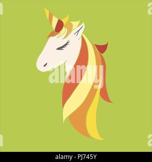 Vector. orange fiery unicorn pour les filles, belles fêtes de pourpre, pour l'anniversaire. chef d'une licorne avec une corne et mane Illustration de Vecteur