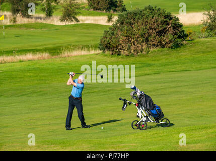 Man avec chariot de golf club de golf oscillante de frapper sur une balle de golf parcours de golf en soleil, Édimbourg, Écosse, Royaume-Uni Banque D'Images