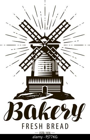 Boulangerie, boulangerie logo ou label. Moulin à vent, symbole de l'usine, vector Illustration de Vecteur