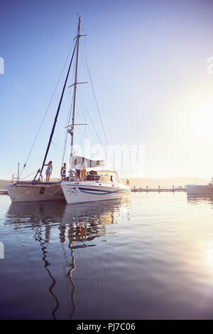 Amis sur le port ensoleillé en catamaran Banque D'Images