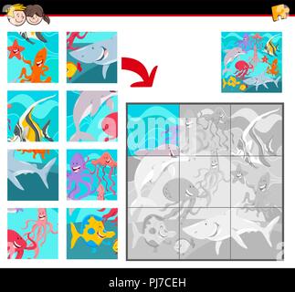 Cartoon Illustration de l'activité pédagogique Puzzle jeu pour les enfants avec des personnages animaux Sea Life Illustration de Vecteur