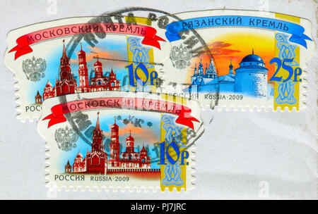 GOMEL, BÉLARUS, 13 août 2018, de timbres en Russie montre image du Kremlin de Moscou, vers 2009. Banque D'Images