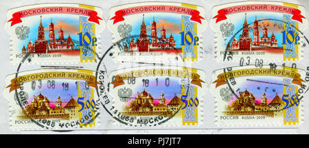 GOMEL, BÉLARUS, 13 août 2018, de timbres en Russie montre image du Kremlin de Moscou, vers 2009. Banque D'Images