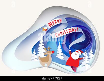 Carte de Noël. Avec le cerf du père Noël on snowy hill avec des arbres. Coupe papier hiver craft design. Vector illustration Illustration de Vecteur