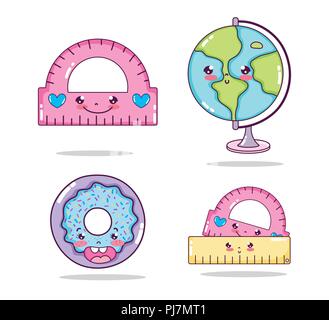 Ensemble d'ustensiles scolaires kawaii Illustration de Vecteur