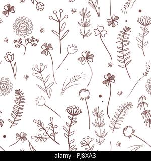 Vector Floral seamless pattern avec les herbes sauvages, les fleurs et les feuilles des silhouettes. Vintage blue fond botanique. Hnad appelée vecteur plantes Illustration de Vecteur