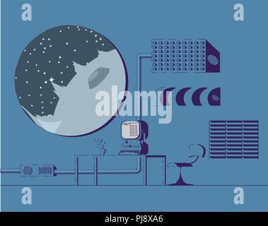 Prix Chercheur sur la station spatiale. Hublot avec vue sur la planète de cratères. Fauteuil et table avec ordinateur dans le style de retrofuturism. Illustration de Vecteur