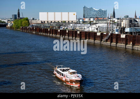 Longboat aux couleurs de l'association de football FC Saint Pauli sur la Reiherstieg à Hambourg, Allemagne, Europe, Barkasse dans den Farben des Fußballv Banque D'Images