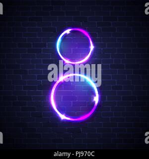 Neon frame. Les cercles de lumière brillante pour la journée internationale de la conception de cartes de souhaits sur mur de brique la texture. Huit 8 mars signe ronde. Puissance électrique conduit bannière. Nuit fille vector illustration. Illustration de Vecteur