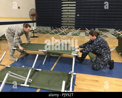 Le sergent-chef de l'US Air Force. Rachel Spidell, un médecin de l'administration de la Garde nationale aérienne 167e Airlift Wing, de Martinsburg, W. En Virginie, et de l'hôpital Corpsman Premier maître de Lindsey Tompkins, des ressorts Moyie, New York, à partir de la Réserve navale expéditionnaire du Centre médical de l'un des Grands Lacs, Grands Lacs, Ill., mis en place des lits d'environ 150 fournisseurs de soins médicaux et du personnel le 8 juillet 2018, dans la région de Warrenton, Ga., qui servira aux résidants dans cinq endroits au cours de l'est le centre de la Géorgie de formation préparatoire à l'innovation 11-18 Juillet, 2018. Un monde réel IRT fournit des possibilités de formation pour une servicemembers Banque D'Images