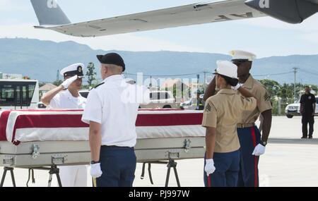 Service aux États-Unis, les membres affectés à la défense nationale POW/MIA Agence Comptable (DPAA), rendre hommage au cours d'une cérémonie de rapatriement, Da Nang, République socialiste du Vietnam, le 8 juillet 2018. La cérémonie a été menée à l'appui de la DPAA a pour mission d'assurer au mieux de nos comptables employés manquants à leurs familles et à la nation. Banque D'Images