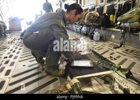 U.S. Air Force d'un membre de la 1re classe Kiara Rivera Cortes membre de la 156e Escadron d'évacuation aéromédicale vérifier l'équipement médical à bord d'un C-17 Globemaster III avant de décoller au North Carolina Air National Guard Base, Charlotte Douglas International Airport, le 9 juillet 2018. C'est la première mission pour la Caroline du Nord Air National Guard avec le C-17 et c'est le transport de l'équipement et le personnel de la 156e à la Wisconsin Sea Air National Guard Base à Volk Field pour un exercice d'entraînement. Banque D'Images