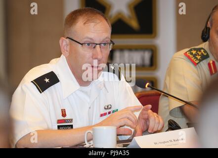 Le brig. Le général Stephen Radulski, 28e Division d'infanterie, commandant adjoint (Manœuvre), fournit ses commentaires comme le général commandant adjoint du Groupe de travail pour l'USARCENT Spartan pendant une discussion de groupe lors de la session de stratégie Senior 2018 - Péninsule Arabique / Levant à Arlington, Va, le 10 juillet 2018. La conférence a encouragé les succès de l'action de la coalition contre les nouvelles menaces et l'amélioration de la compréhension de la force régionale d'investir dans les capacités d'atteindre une meilleure interopérabilité et une plus grande efficacité dans la poursuite des intérêts nationaux. Plus de t Banque D'Images