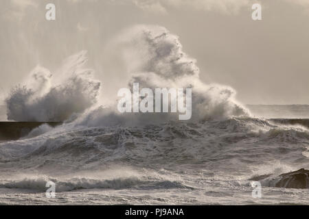 Big sea splash vague. Soft rétroéclairées. Fin de la journée. La rivière Douro bouche nouvelle jetée, Porto, Portugal. Banque D'Images