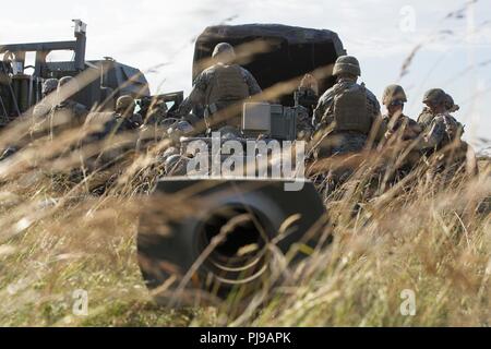 Les Marines américains avec Echo, Batterie, 2e Bataillon, 10e Régiment de Marines (2/10), 2e Division de marines, la mise en place d'un M777 à Salisbury, Angleterre, le 2 juillet 2018. Marines avec l'unité a effectué des exercices de tir réel à l'aide de l'obusier M777 pendant l'exercice Green Cannon 18. Green Cannon est un exercice de formation multinationale fournissant des Marines des États-Unis la possibilité d'échanger les tactiques et techniques ainsi que la puissance de combat et la létalité du projet à travers le monde aux côtés des pays partenaires. Banque D'Images