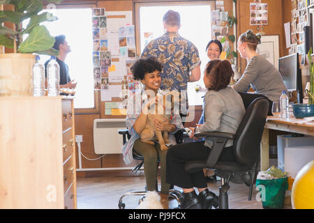 Creative business people with dog in office Banque D'Images