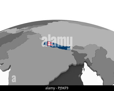 Le Népal sur gris globe politique intégré avec drapeau. 3D illustration. Banque D'Images