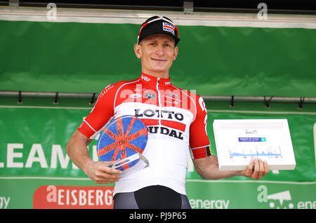 Andre Greipel, de l'équipe Lotto-Soudal, célèbre la quatrième étape de l'Ovo Energy Tour of Britain 2018, de Nuneaton à Royal Lemington Spa.APPUYEZ SUR ASSOCIATION photo.Date de la photo: Mercredi 5 septembre 2018.Découvrez PA Story Cycling Tour of Britain.Le crédit photo devrait se lire comme suit : Tim Goode/PA Wire Banque D'Images