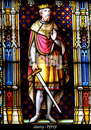 Vitrail dans la basilique du Saint-sang à Bruges, Belgique, représentant Crusader King Baudouin III de Jérusalem. Banque D'Images