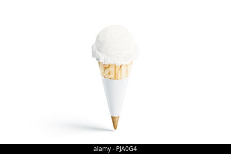 Blank white ice cream cone immersive, vue avant, rendu 3d. Gelato crémeux vide pack maquette, isolé. Wafle claire cornet wrap modèle. La conception de l'étiquette d'emballage Icecream. Banque D'Images