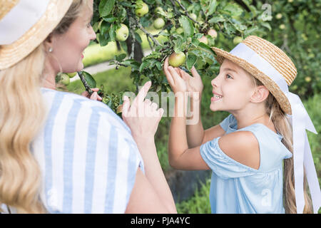 Mère et fille blonde vert picking apples in orchard Banque D'Images