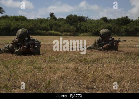 MARINE CORPS BASE HAWAII (5 juillet 2018) soldats malaisiens garantir la sécurité des voies de formation de familiarisation véhicule amphibie dans le cadre de l'exercice Rim of the Pacific (RIMPAC) sur base du Corps des Marines Hawaii le 5 juillet 2018. RIMPAC fournit une formation de valeur pour la tâche-organisé, très-capable MAGTF et améliore la capacité d'intervention de crise critique de Marines américains dans le Pacifique. Vingt-cinq nations, 46 navires, 5 sous-marins, environ 200 avions et 25 000 personnes participent à l'EXERCICE RIMPAC du 27 juin au 2 août dans et autour des îles Hawaï et la Californie du Sud. Banque D'Images