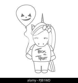 Cute cartoon halloween noir et blanc illustration vectorielle avec unicorn et ballon citrouille Illustration de Vecteur