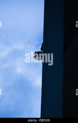 Photographie à angle faible jusqu'à l'homme avec des lunettes penchées sur un balcon avec ciel couvert en arrière-plan Banque D'Images