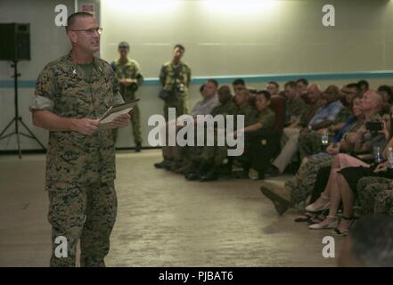 Le Colonel Kevin Norton, l'ancien commandant du 4e Régiment de Marines, 3e Division de marines, donne la parole durant une cérémonie de passation de commandement, le 2 juillet 2018 sur le Camp Schwab, Okinawa, Japon. Les cérémonies de passation de commandement de marquer le passage de commande à partir d'une Marine à l'autre, symbolisant le transfert des responsabilités de son poste de commande. Banque D'Images