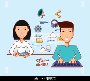 Asian woman using cellphone et l'homme avec le clavier des applications de médias sociaux vector illustration Illustration de Vecteur