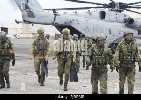 MARINE CORPS BASE HAWAII (2 juillet 2018) Les soldats australiens avec le 2e Bataillon du Royal Australian Regiment, et les soldats japonais avec 2e régiment, brigade amphibie à déploiement rapide, débarquement d'un CH-53E Super Stallion hélicoptère pendant les opérations amphibies dans le cadre du Rim of the Pacific (RIMPAC) sur base du Corps des Marines Le 2 juillet 2018, Hawaï. 25 nations, plus de 45 navires et sous-marins, environ 200 avions et 25 000 personnes participent à l'EXERCICE RIMPAC du 27 juin au 2 août dans et autour des îles Hawaï et la Californie du Sud. Le plus grand du monde maritime international Banque D'Images