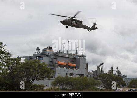 JOINT BASE HICKAM-PEARL HARBOR (11 juillet 2018) Deux hélicoptères UH-60 Black Hawk de quitter un poste de ravitaillement chaud au cours de l'assistance humanitaire pour les secours en cas de formation au cours de l'exercice RIMPAC 2018. Vingt-cinq nations, 46 navires, 5 sous-marins, environ 200 avions et 25 000 personnes participent à l'EXERCICE RIMPAC du 27 juin au 2 août dans et autour des îles Hawaï et la Californie du Sud. Le plus grand exercice maritime international RIMPAC, fournit une formation unique alors que la promotion et le soutien de relations de coopération entre les participants essentiels à la th Banque D'Images