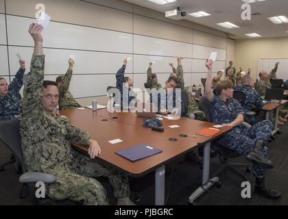 SAN DIEGO (12 juillet 2018) marins effectuer un exercice de promotion au cours d'un agent subalterne Développement Professionnel (JOPD) classe à Naval Base Point Loma. La semaine de classe, organisé par l'information de la Marine, commandant de la réserve, avait pour but d'aider les officiers subalternes de développer une plus grande compréhension de la marine se réserve afin qu'ils puissent mieux tirer parti des ressources et maintenir un haut niveau de préparation aux missions. Banque D'Images