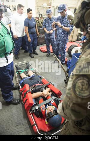 Océan Pacifique (11 juillet 2018) Maître de 1re classe Nicklas Gerzi est prêts pour une évacuation sanitaire par l'équipage du USCGC Bertholf (WMSL 750) et de la Garde côtière Maritime Security Response Team-West 11 juillet 2018, alors que l'équipage du Japon d'autodéfense maritime navire hélicoptère destroyer DDH 182 JS (ISE) observer, 15 milles au sud-ouest d'Oahu, Hawaii, à l'appui de l'exercice RIMPAC 2018. Vingt-cinq nations, plus de 46 navires et 5 sous-marins, environ 200 avions et 25 000 personnes participent à l'EXERCICE RIMPAC du 27 juin au 2 août dans et autour de l'île hawaïenne et du sud de la Californie. Le wor Banque D'Images