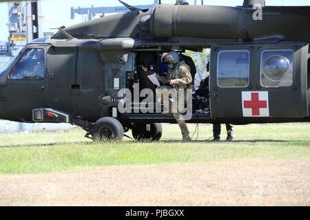 BASE COMMUNE de Pearl Harbor, Hawaï (HICKAM, Juillet 12, 2018) Un pilote d'hélicoptère de l'Armée mène des vérifications de sécurité pré-vol à la suite d'une brève à acteur les patients qui sont en route pour Tripler Army Medical Center à recevoir des soins simulés pour simulation de blessures au cours de la U.S. Navy's Rim of the Pacific (RIMPAC) sur une base commune Pearl, Harbor-Hickam dans le cadre de l'aide humanitaire et secours en cas de partie de l'événement de formation le 12 juillet. Command-Pacific régionales de santé militaires et civils ont participé à l'intervention médicale à l'échelle de la formation afin d'améliorer l'opérabilité, tester la communication et l'exerci Banque D'Images